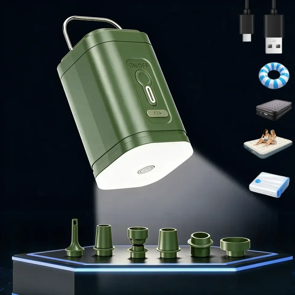  Portable Rechargeable Air Pump Inflatables with LED Camping Light,6 Nozzles,Inflate Deflate for Mattress Pool Floats Vacuum Bag 