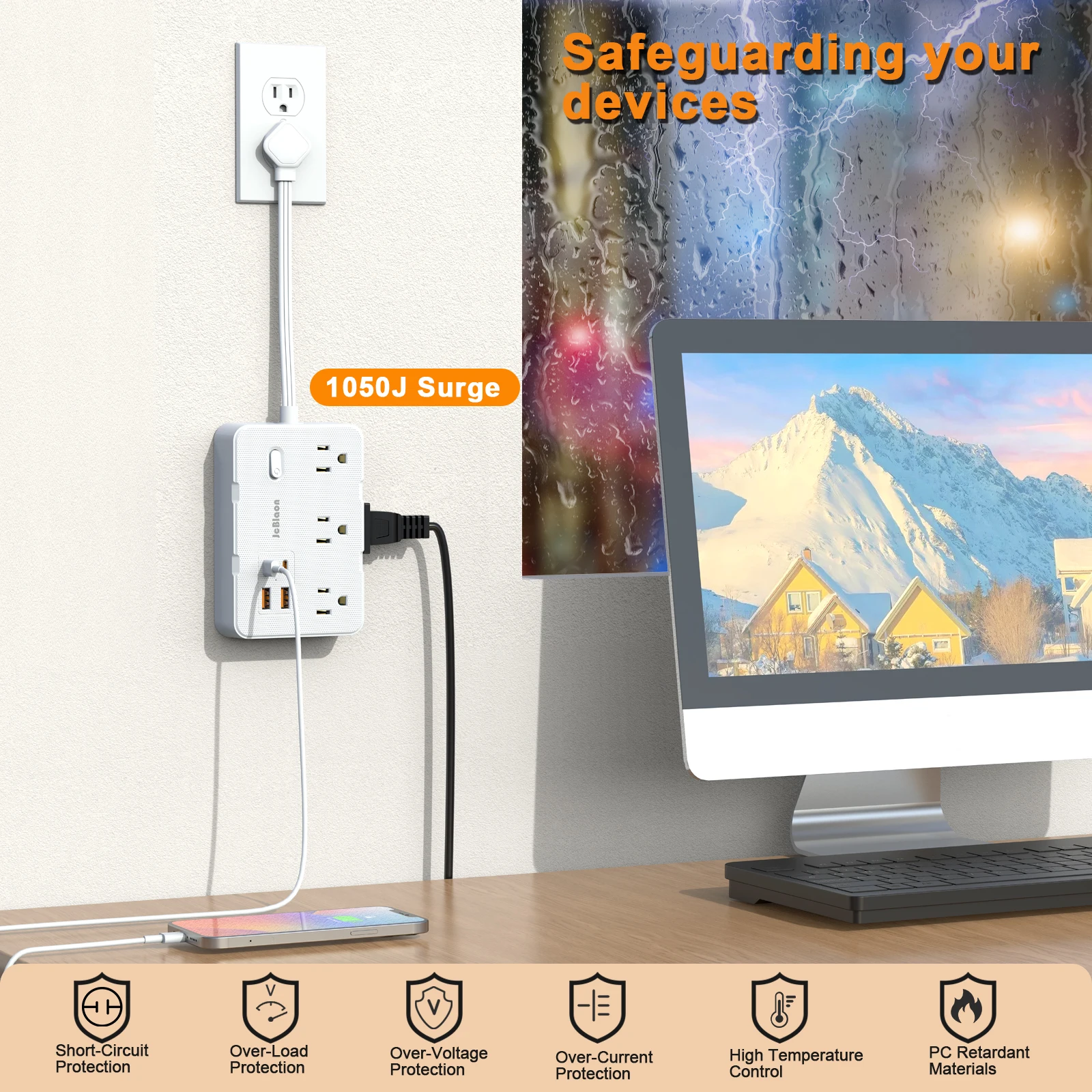 Power Strip with 6AC Outlets 2 USB Ports 2 Type-C 0.5FT Extension Cable US Plug Home Office Wall Desktop Ground Electric Socket
