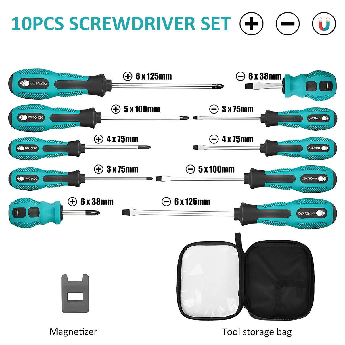 Set di cacciaviti magnetici da 10 pezzi Cacciavite manuale per carichi pesanti Cacciavite ergonomico a testa croce Cacciavite a testa piatta metrico