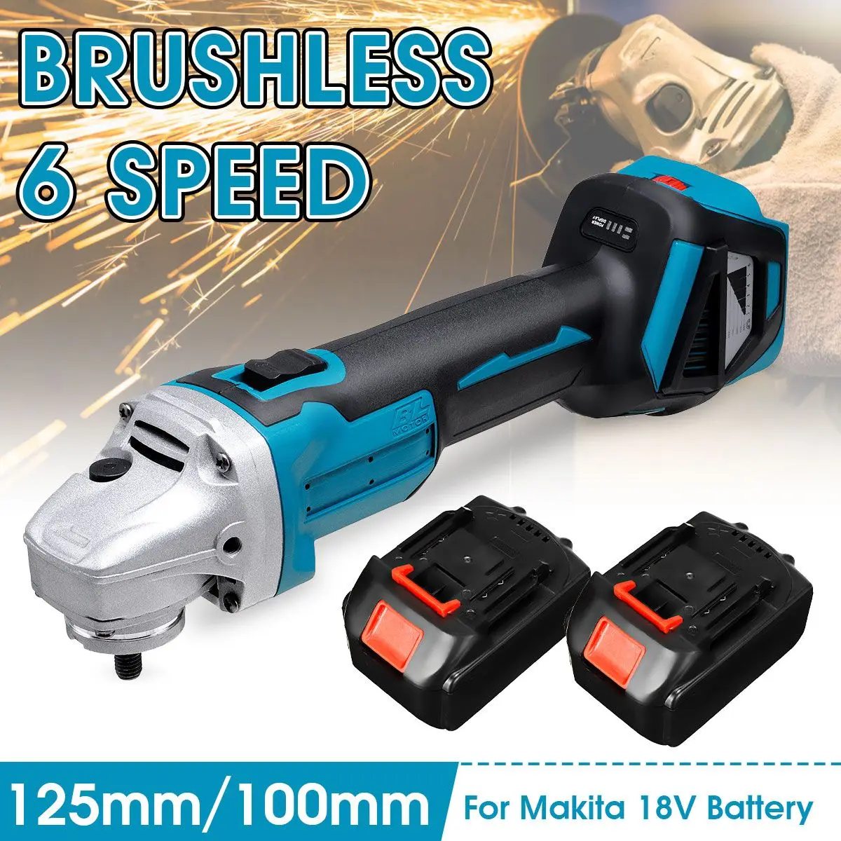 

6 Speed 125mm/100mm Brushless Cordless Electric Angle Grinder 2 Batteries Rechargeable Grinding Machine for Makita 18V Battery