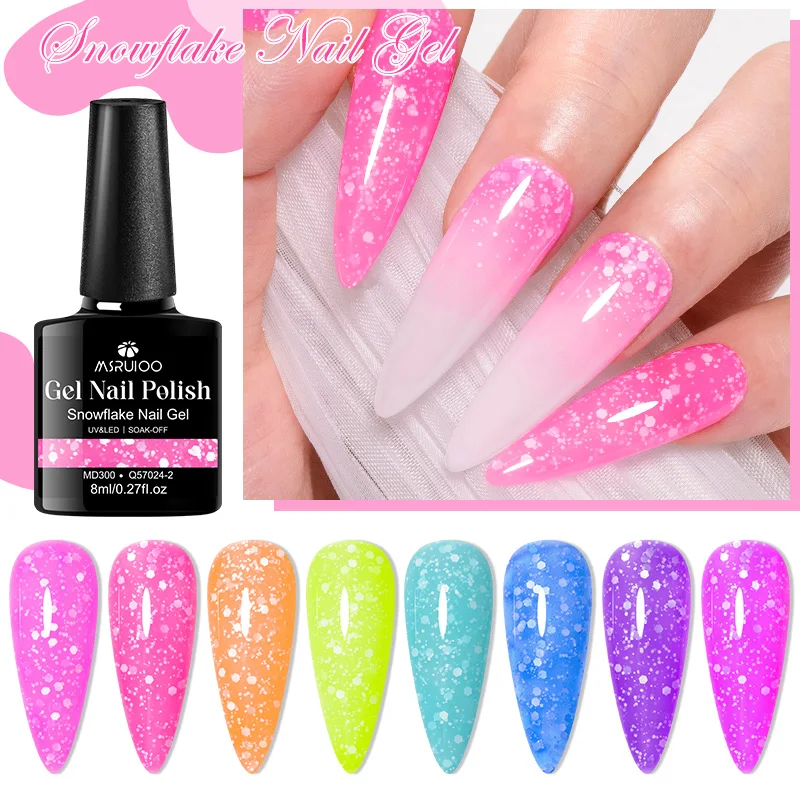 

MSRUIOO 8ml Snowflake Gel Nail Polish Fluorescent Pink,with White Sequins and Snow Top Coat for DIY Nail Art HEMA/TPO FREE