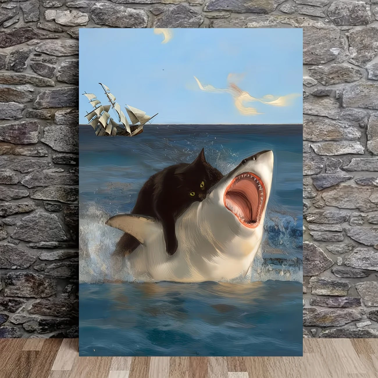 Modern Humorous Cat Shark In The Ocean Wall Art Print Canvas Painting Poster Picture For Living Room,Bedroom Home Decor