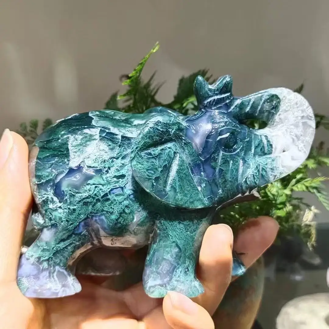 Natural moss agate crystal quartz carved elephant, enhancing vitality and healing, suitable for home and office decoration, puri