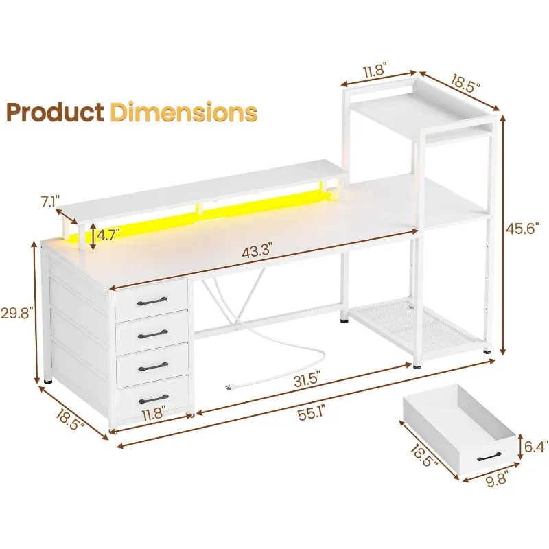 Mesa de computador SEDETA 55" com 4 gavetas e prateleiras, mesa de jogos com luzes LED e tomadas elétricas, mesa de escritório doméstico