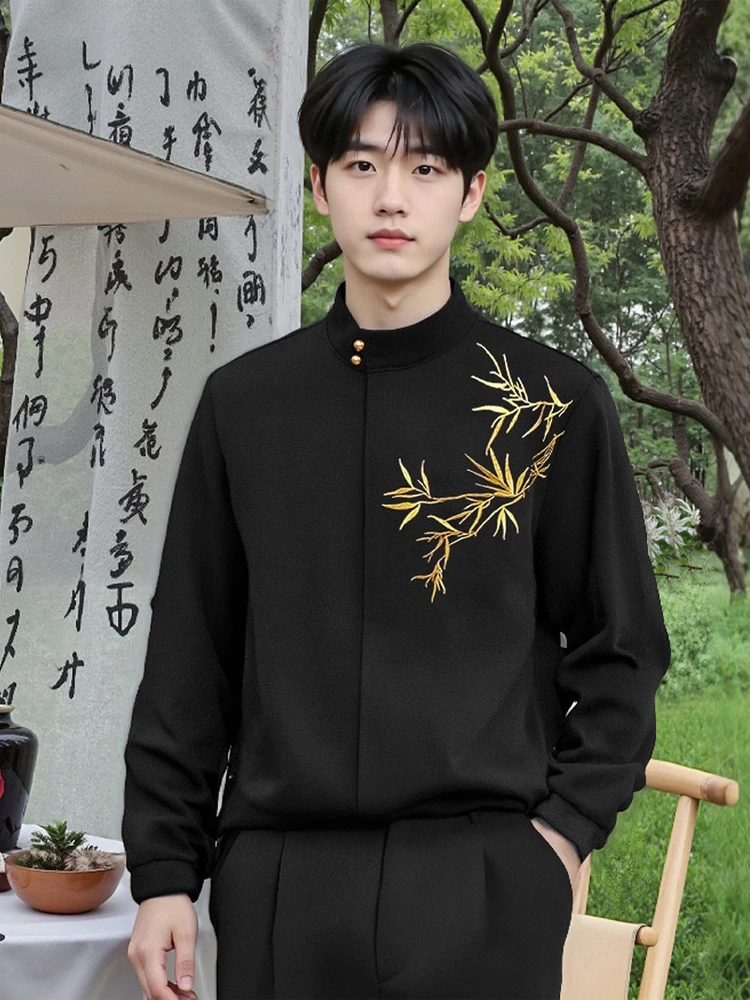 

Новый китайский мужской свадебный костюм-тройка: осенний, с вышивкой бамбуковым узором, длинный рукав, элитный, повседневный, спортивный...