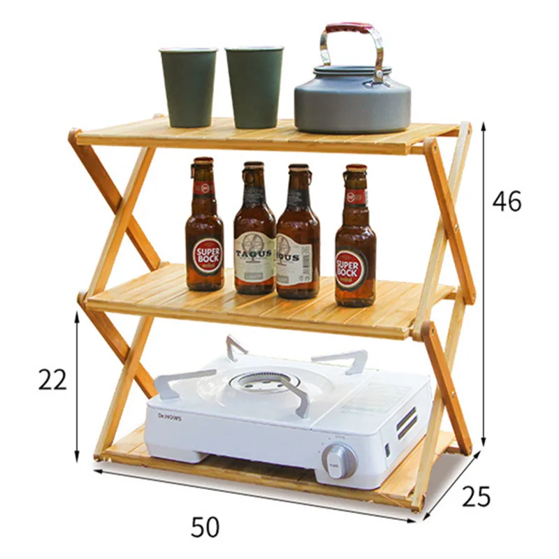 Outdoor Rack Camping Foldable Multi-layer Portable Installation-free Bamboo Storage Rack Multifunctional Folding Table With Bag