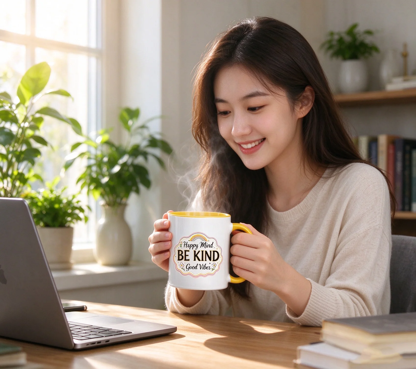 Custom Be Kind Happy Mind Good Vibes Mug Personalized Name Photo Image on Back 11oz Inner Color Coffee Cup Customized Gift for W