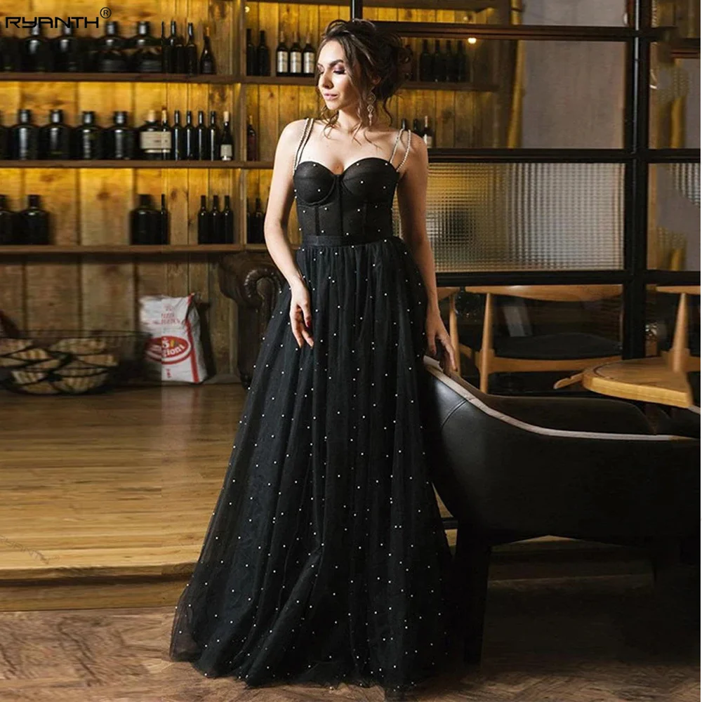 

Ryanth Black Sweetheart Prom Dresses Long With Handmade Beads Pearls Formal Evening Party Dresses Robes De Soirée Evening Gowns