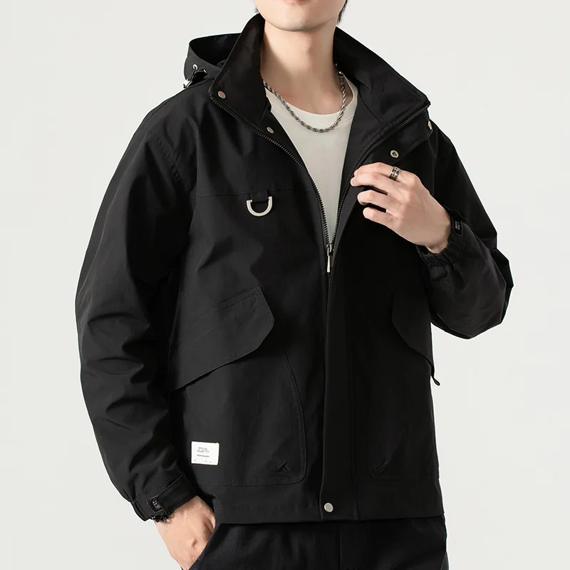 

New Casual Youth Jacket Outdoor Waterproof Zipper Windbreaker Men Casual Jacket Coats Stand Collar Men's Jacket Multi-Pockets