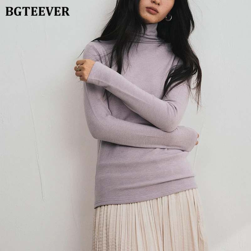 BGTEEVER Camiseta de cuello alto de lycra y acetato con base de lana y seda para mujer, nueva colección otoño-invierno