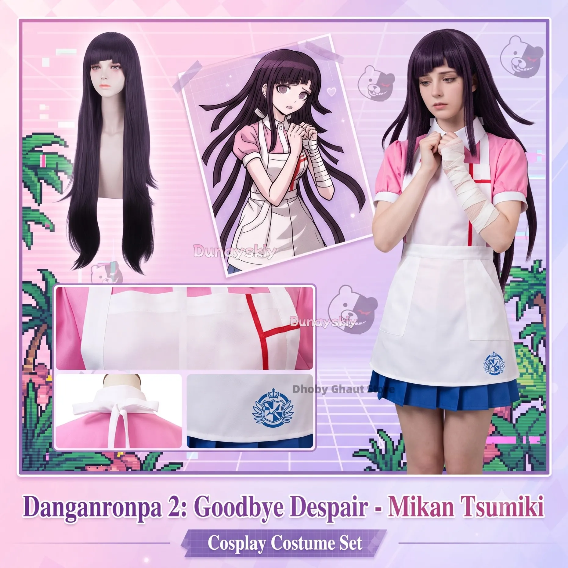 costume-de-cosplay-mikan-tsumiki-de-l'anime-ronppaa-2-goodbye-despairir-tenue-de-demoiselle-d'honneur-rose-kawaii-perruques-pour-fete-d'halloween