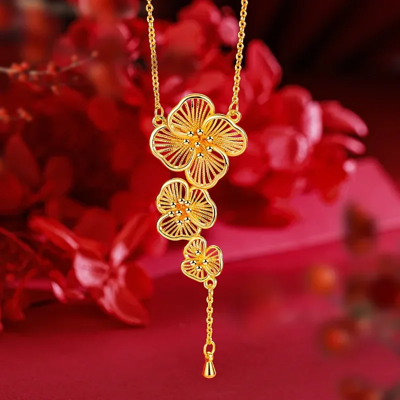 9999 Real Gold 24K Plum Branch Luoxue New Chinese Flower Necklace Hollow Flower Clavicle Chain