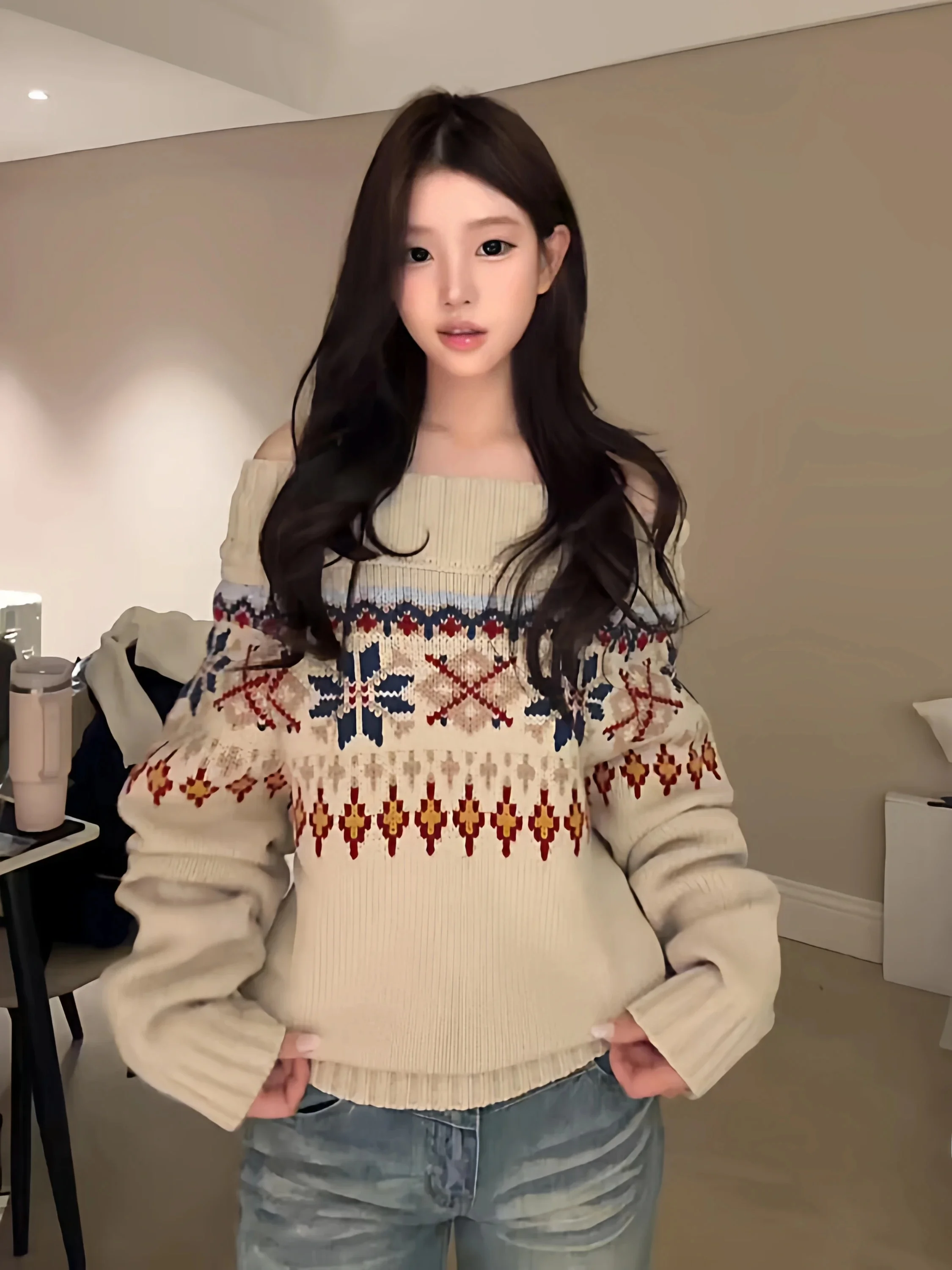 Retro Fair Isle Knitted Shoulder Bared Thickened Autumn Winter Sweater Women's Loose Fit Comfortable Casual Style Long Sleeve...