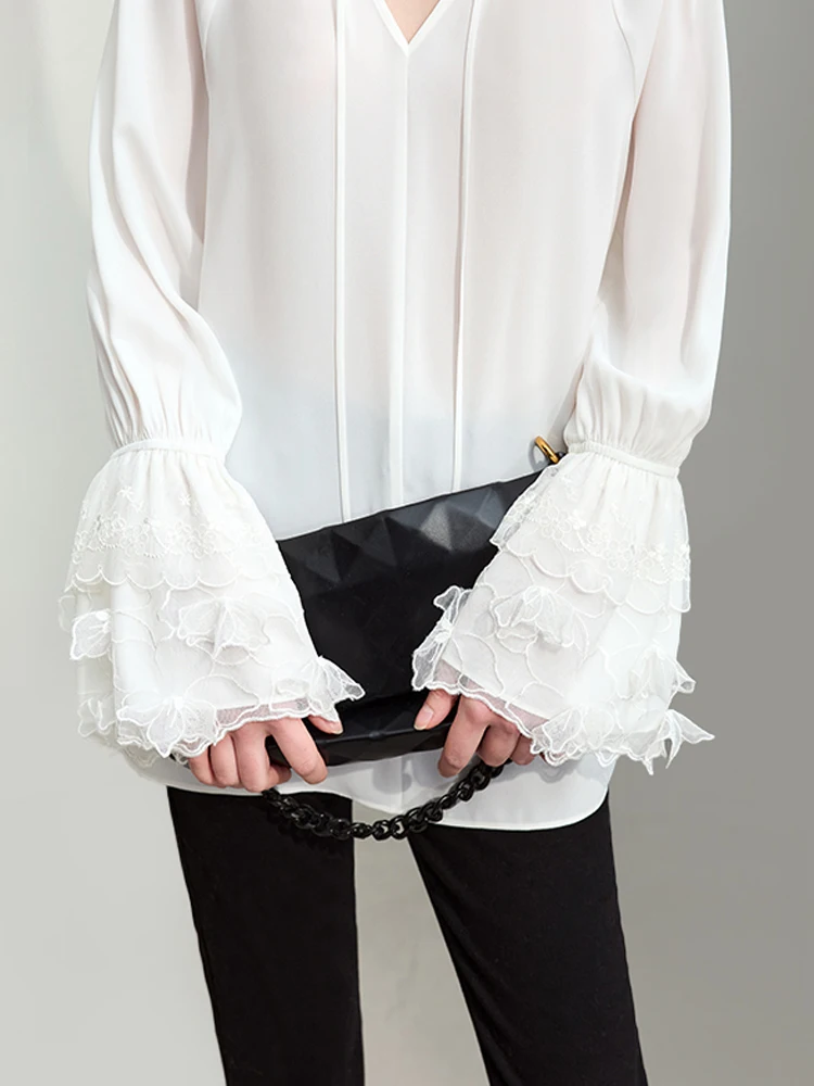 AMII Minimalism Women Lace Chiffon Shirts 2024 Spring New V-neck Tie Mid-length Flare Sleeve Fairy Style Loose Blouses 12441219