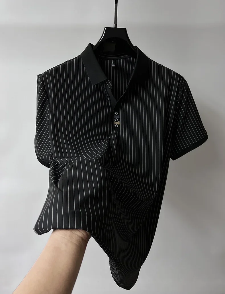 2024 trendy brand Ice Silk striped short sleeved POLO shirt men summer new fashion lapel casual T-shirt comfortable and cool top