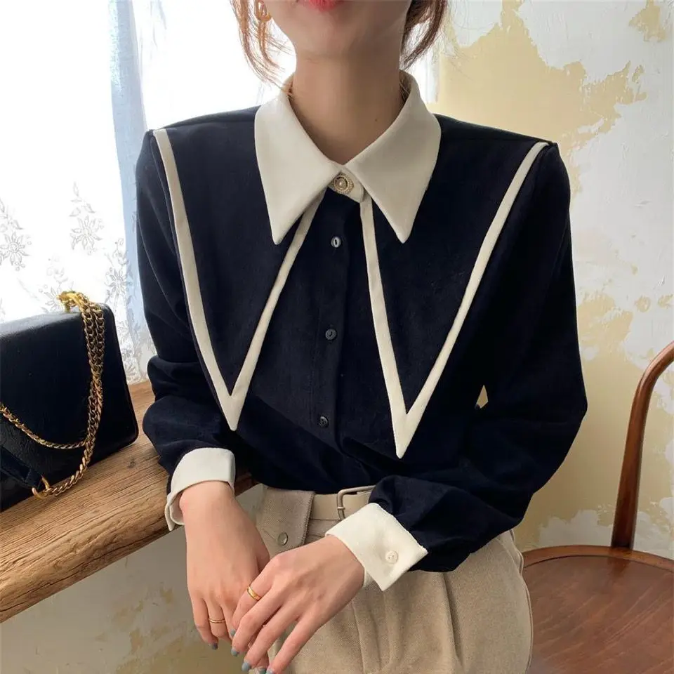 Korean Chiffon Preppy Style Thin Color Contrast Peter Pan Collar Single Breasted Women Shirt Large Nail Bead Long Sleeve 3XL