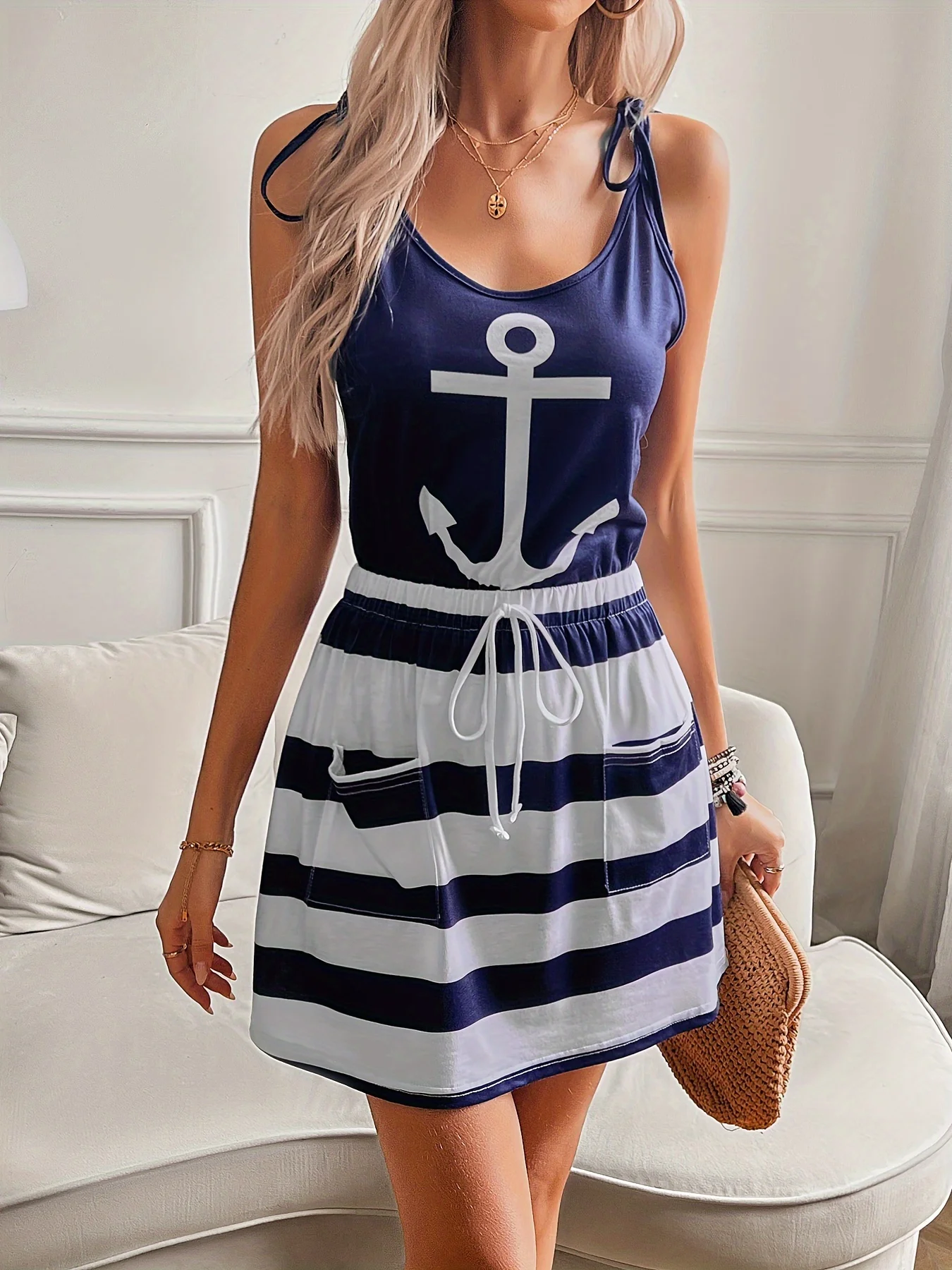 Anchor Print Striped Bodycon Spaghetti Dress Sexy Drawstring Tied Cami Dress Women\'s Clothing