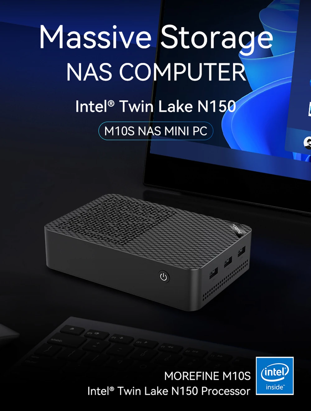 MOREFINE M10S كمبيوتر صغير N150 12GB LPDDR5 M.2 SSD Dual 2.5G LAN Windows 11 كمبيوتر مكتبي صغير للأعمال/المكتب 4K WiFi6 BT5.2