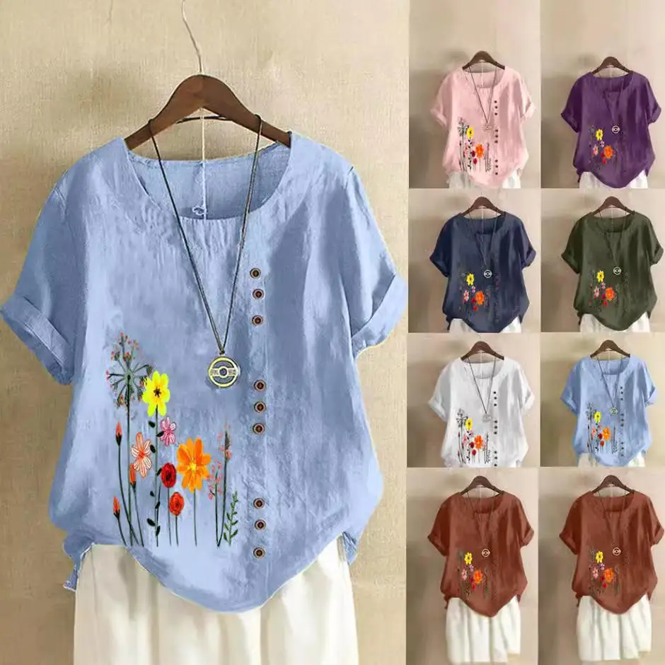 

Women's ort Sve Cotton Linen irt Single Printed Commute Sle Comfortable Fit Faion Ladies' Premium Clothing