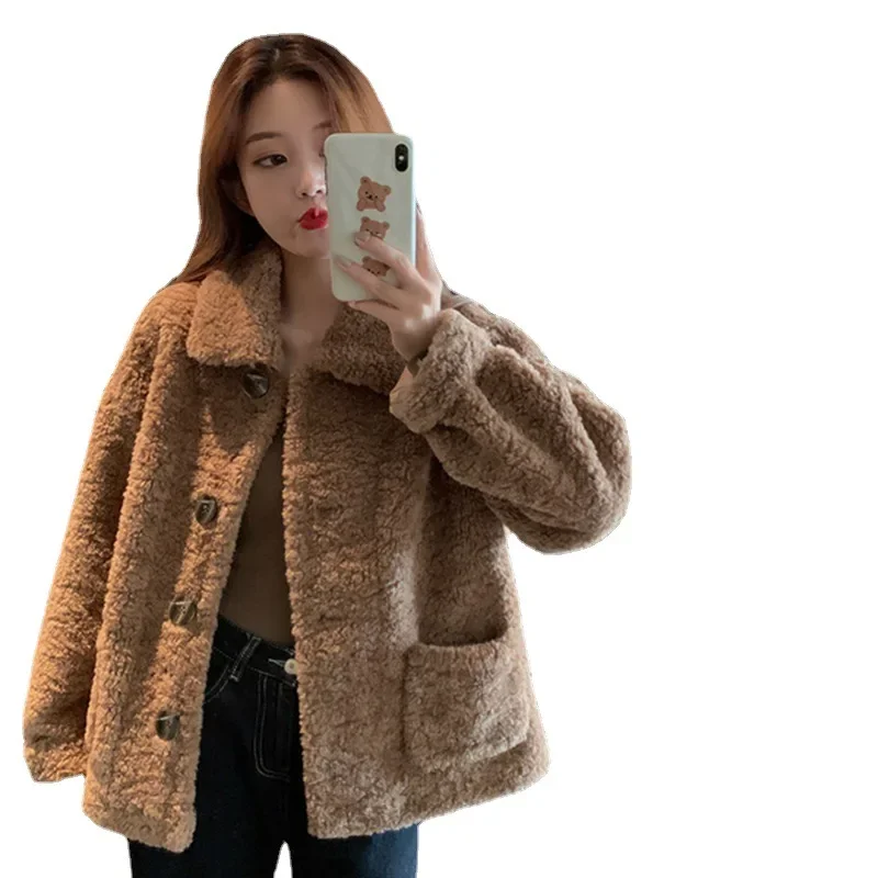 Jehněčí kožešinová bunda pro ženy, podzimní a zimní volné dlouhé rukávy, zesílený sametový svrchní oděv v korejském stylu, všestranný krátký styl - náhled 5