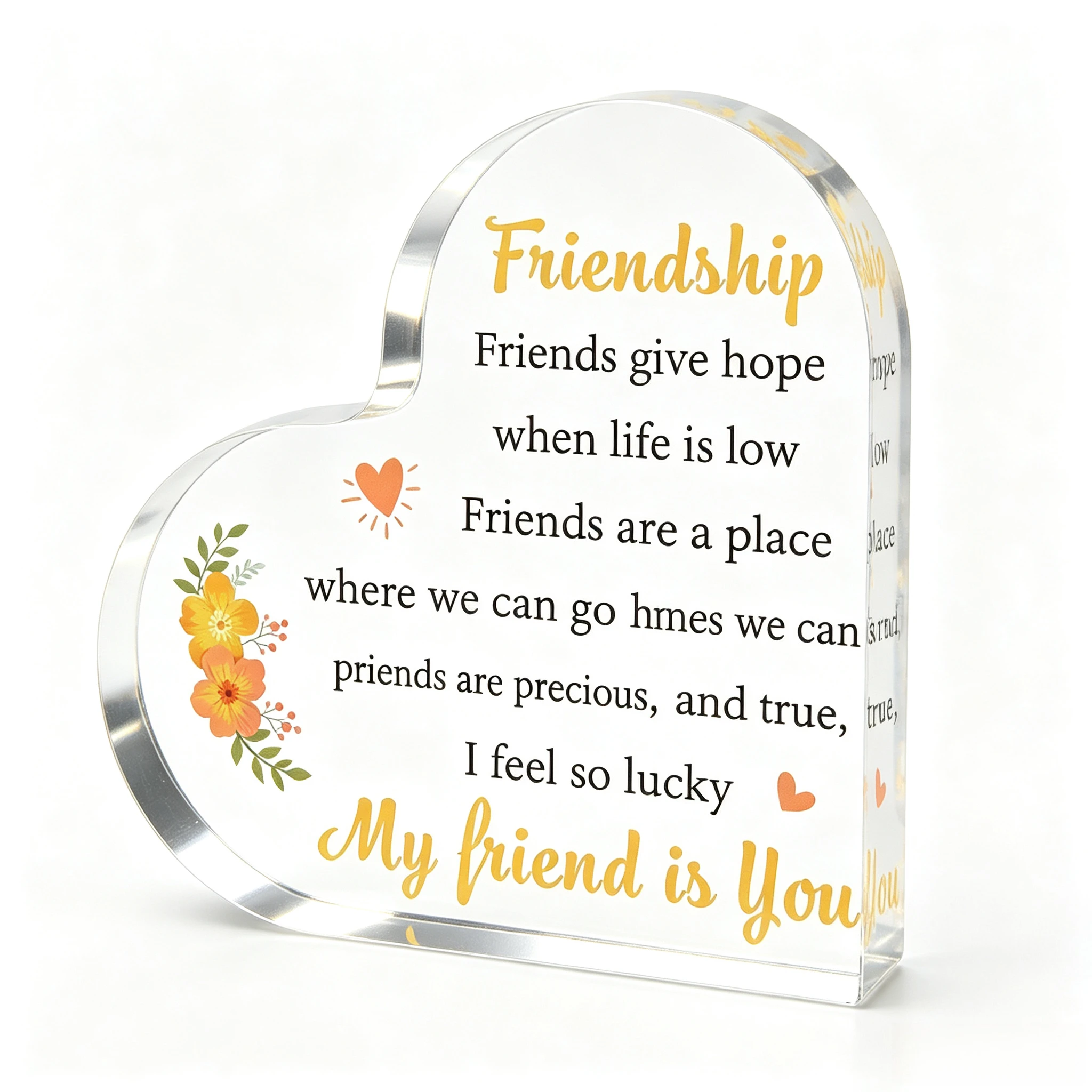 Bright Orange Blossom Heart Acrylic Stand, True Friendship Gratitude Quote Table Ornament for Best Friend