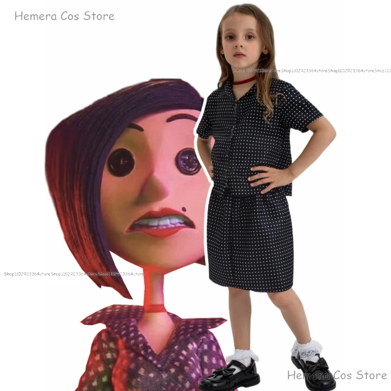 Costume de Cosplay de Coraline de Films de Conte de Fées d'Horreur, Robe Noire, avec Perruque de Porte, Taille Adulte et Enfant, Jeu de Rôle Effrayant Trempé, pour ixd'Halloween