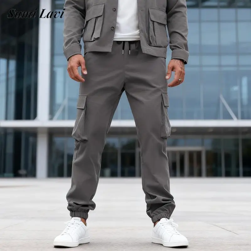 

Мужские однотонные брюки-карго с несколькими карманами, весенне-осенние модные свободные брюки для мужчин, повседневные повседневные брюки на шнурке