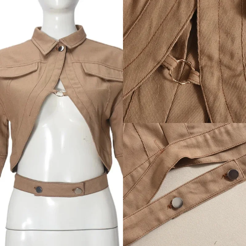 

Women Solid Lapel Cut Out Crop Top Half Sleeve Cropped Jacket Button Front Open Front Streetwear Casual Going Out Clubwear Y2K