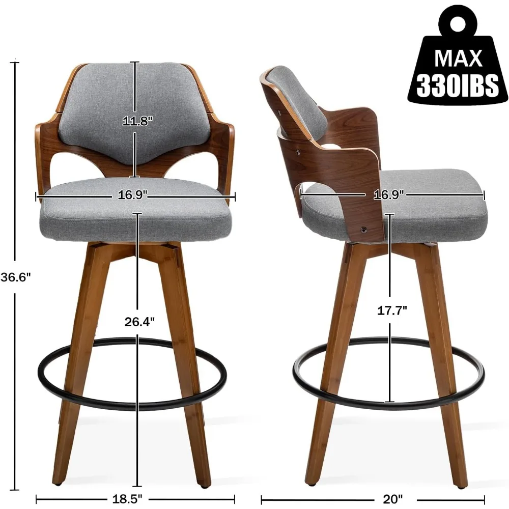 Swivel Bar Stools Set of 2,Counter Height Bar Stools,Upholstered Bar Chair with Bamboo Legs,Low Back Counter Stools Gray-Fabric