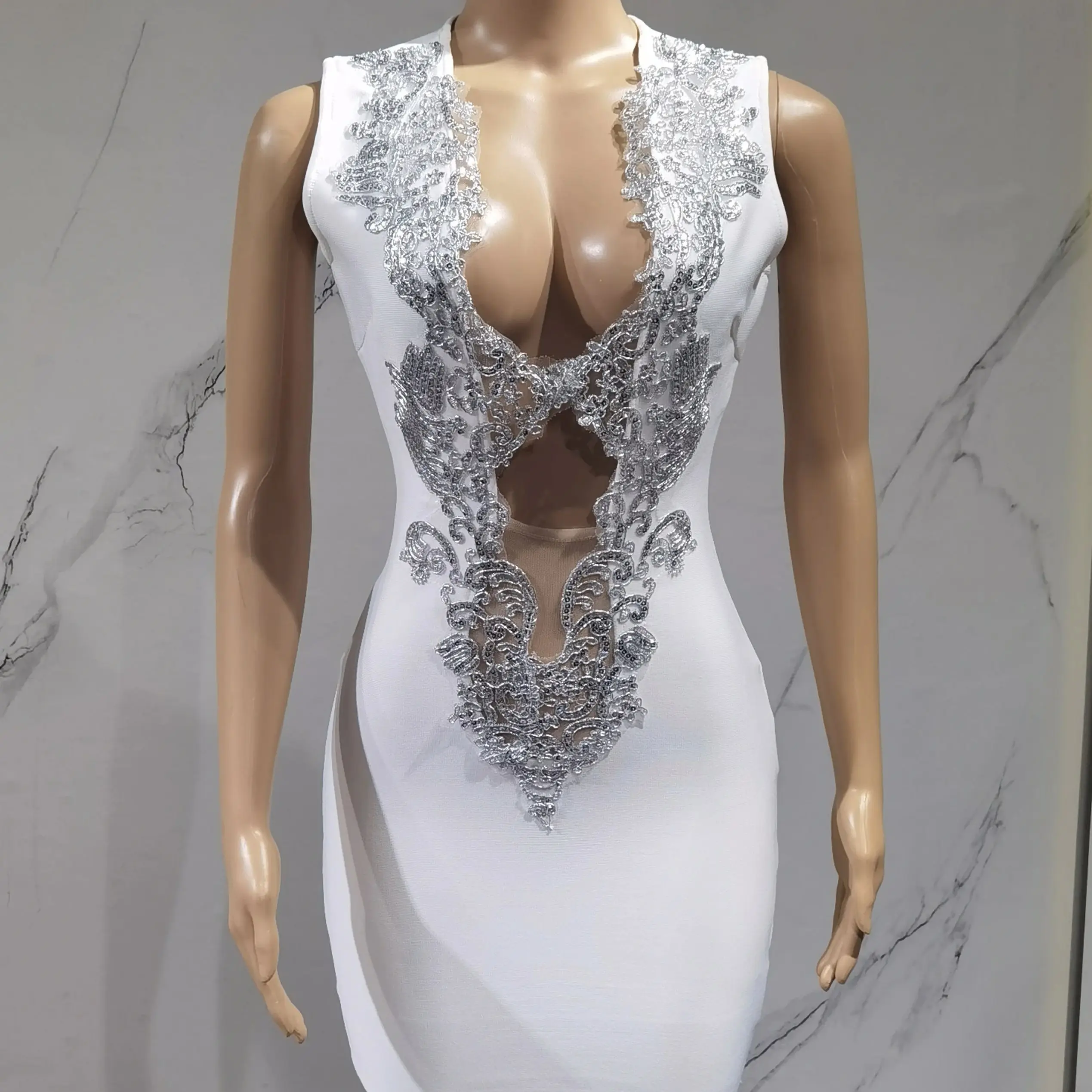 

Women 2025 Sexy V Neck Cut Out Short Bandage Dress Silver Sequin White Elegant Luxury Birthday Party Club Wedding Vestidos