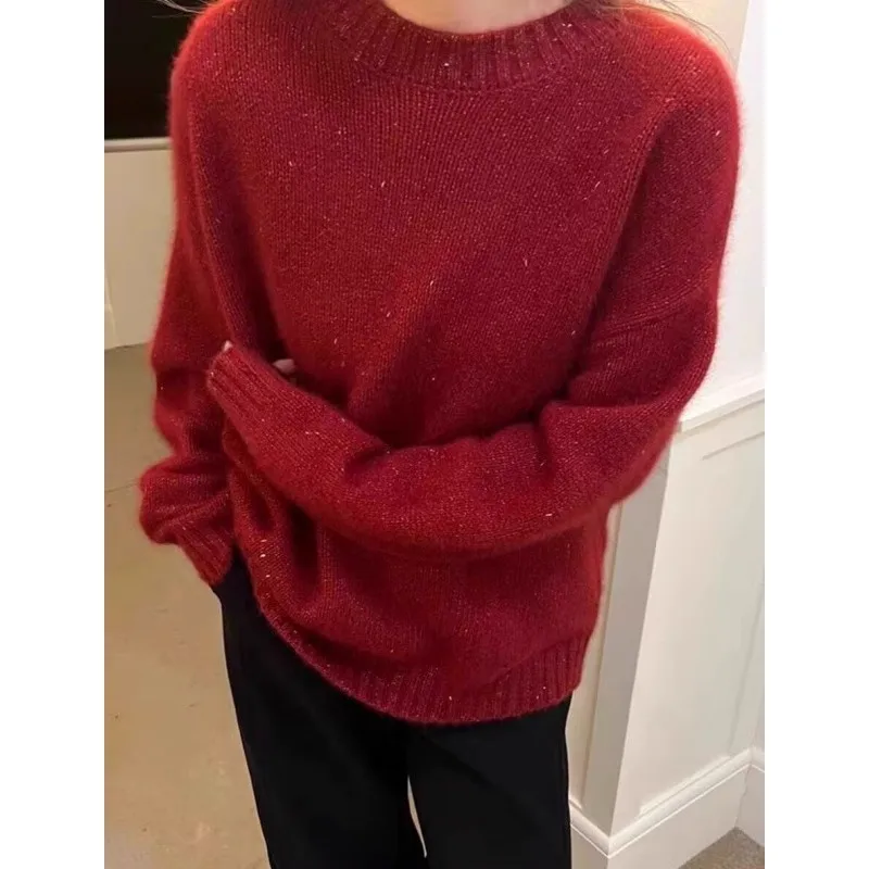 New Year's red sequined stylish round-neck wool knitted sweater women loose and thick sweater top autumn and winter