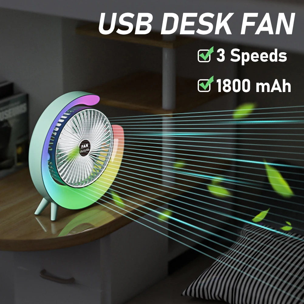 

Colorful Light Desk Fan Strong Airflow 3 Speed Wind Mini Table Fan USB Desk Fans Portable Air Circulator Fan for Home Office