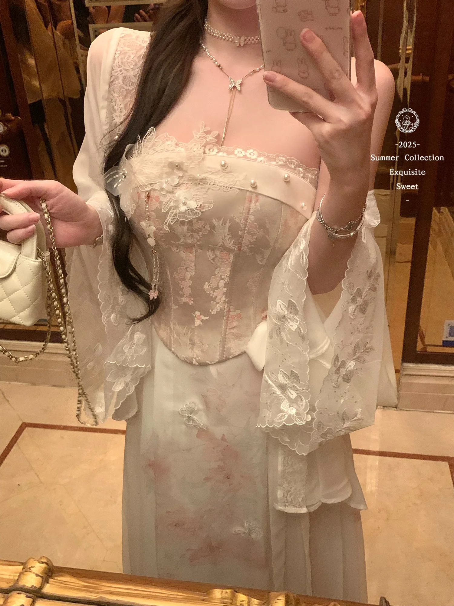 

Новинка: Женский летний комплект в китайском стиле с принтом цветов персика – юбка и кардиган с открытыми рукавами