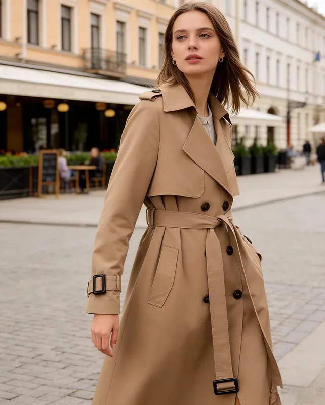 Damen-Trenchcoat mit Doppelreiher, lang, mit Gürtel, Reverskragen, Herbst-Winter, winddicht, klassische Oberbekleidung – Detail 3