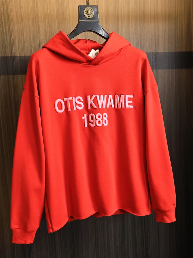 

Свободная толстовка с капюшоном, мужская повседневная толстовка с вышитыми буквами 3D, красная, универсальная, осенняя одежда, дышащая, теплая, молодежная мода