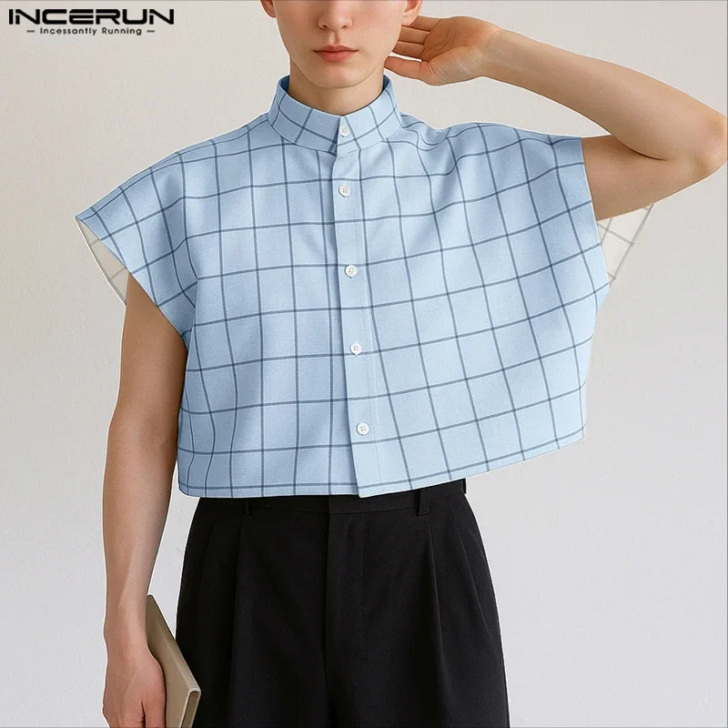 

INCERUN Мужская клетчатая рубашка с воротником-стойкой и коротким рукавом на пуговицах, повседневная мужская одежда, летняя уличная одежда, 2025 г., свободные модные укороченные топы для мужчин