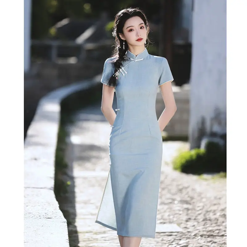 

Minimalist Cheongsam Dress, 2025 Sophisticated Solid Qipao, Short Sleeve Daily Elegant Summer Wear Cicpao Dress