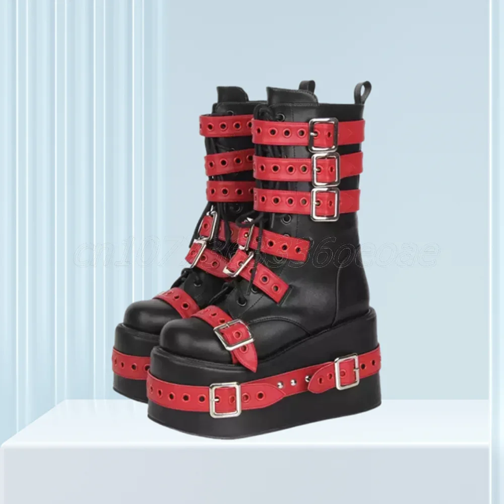 

Mixed Color Thick Sole Punk Style Ankle Boot Matte Leather Buckle Belts Shoes for Women Round Toe Shoes 2025 Zapatos Para Mujere