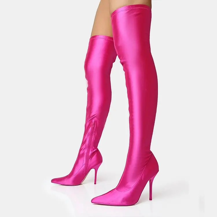 Hot Pink Zipper Up Over The Knee Boots Fitting-In Elegant Pointy Toe Stiletto Heel Thigh High Satin Boot All Season Casual Shoe