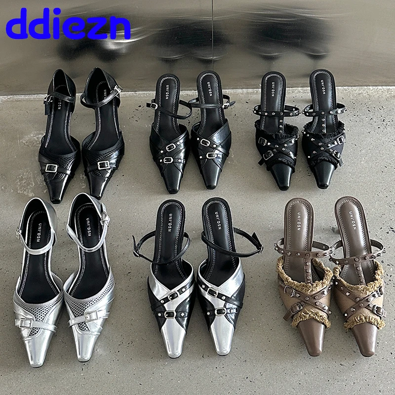 New In Sexy Fashion T-Strap Ladies Heels Shoes Female Slides Pointed Toe Mules Rivet Women Thin High Heels Shoes Footwear