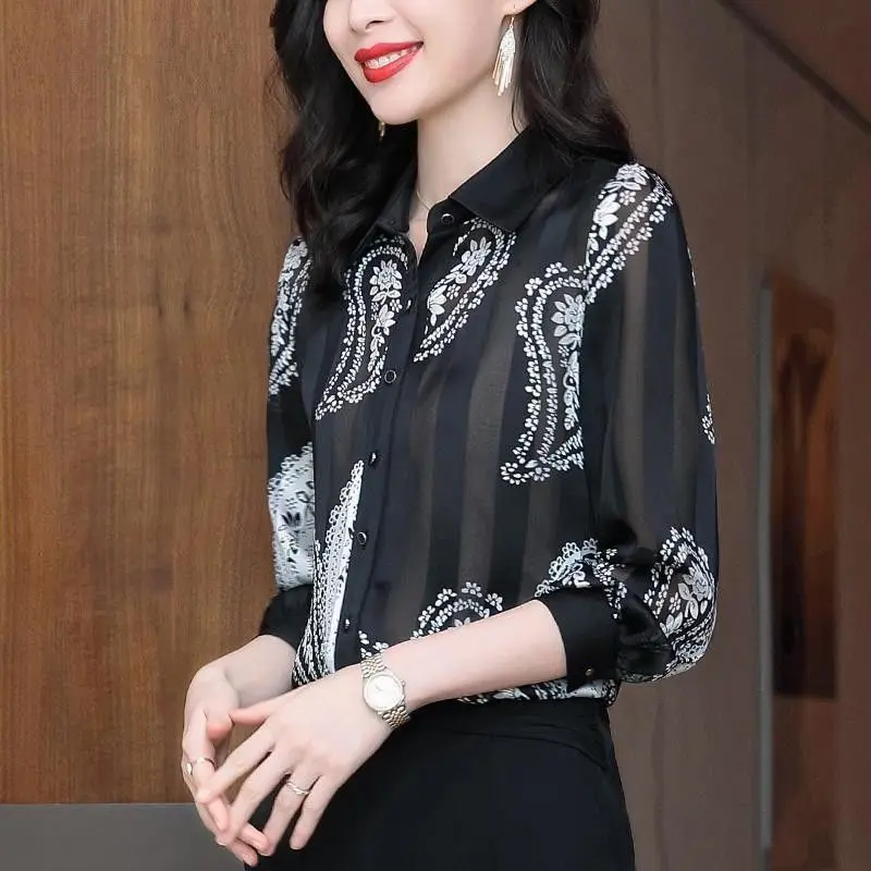 Vintage Striped Paisley Printed Blouse 2023 Spring Casual Long Sleeve Women\'s Clothing Commute Polo-Neck Single-breasted Shirt