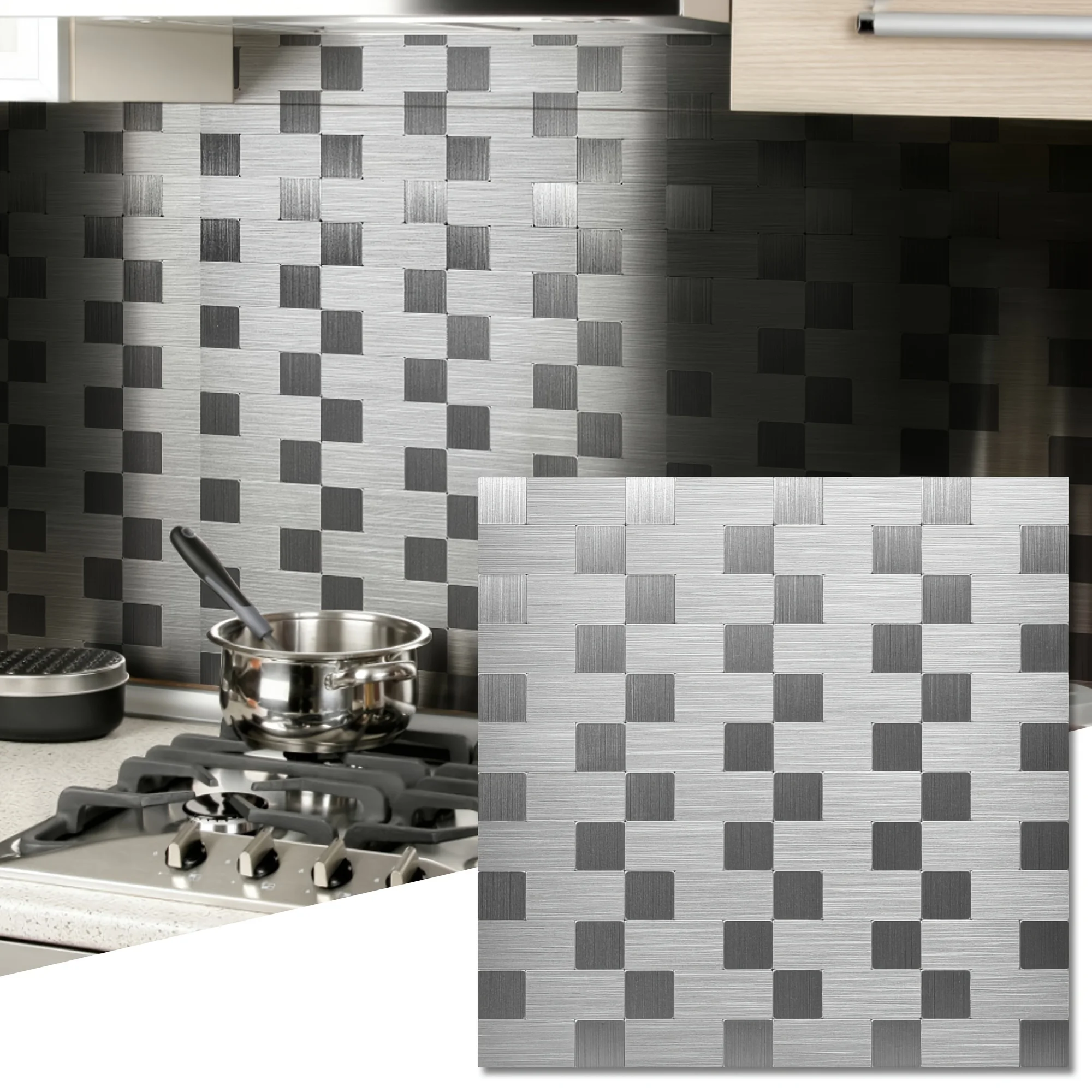 

10-Piece Self-Adhesive Metal Backsplash Peel And Stick Tile For Kitchen, 12" X 12" Silvery Aluminium