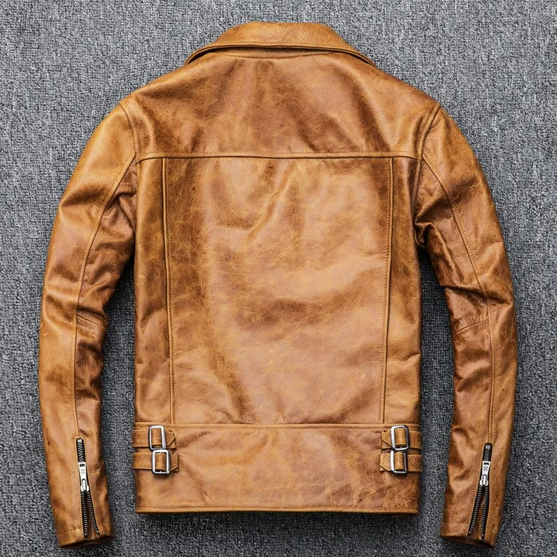New leather men's motorcycle with a lapel and yellow featuring oil wax top layer cowhide