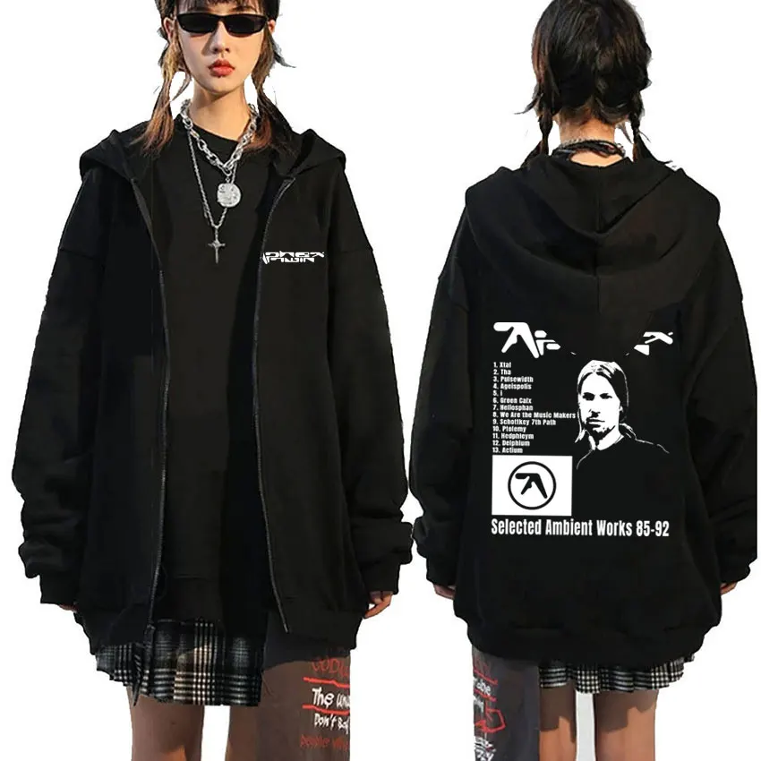 Aphex Twin Selected Ambient Works 85 92 Graphic Zipper Hoodie Male Fashion Loose Zip Up Hoodies Men's Vintage Oversized Jacket