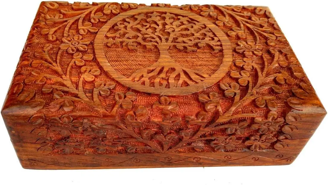 

Handcarved Wooden Decorative Treasure Chest Box 8 x 5 Inch Brown Tree Of Life Pattern - Multipurpose Use As Jewelry Stor