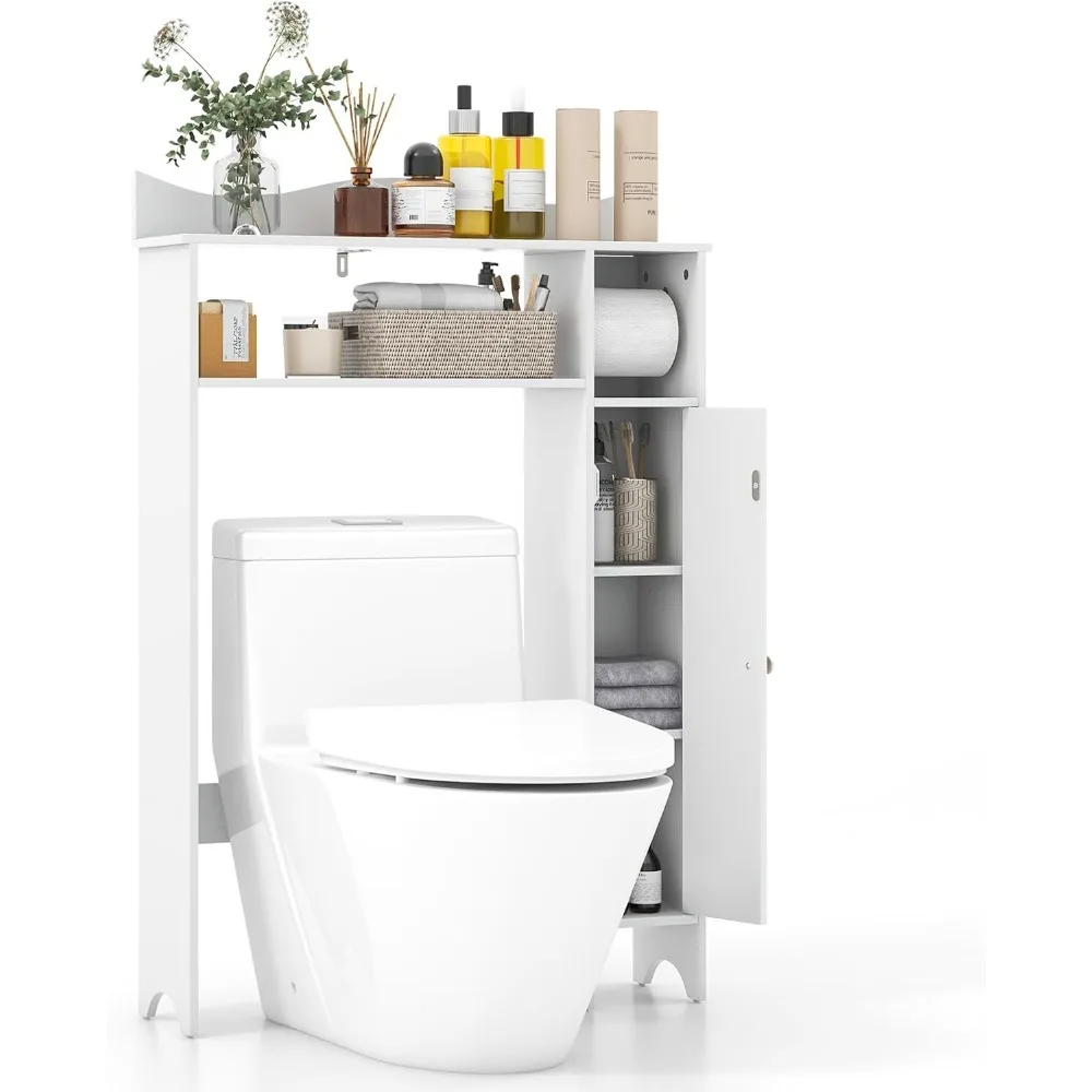 

Over The Toilet Storage Cabinet, Bathroom Organizer w/Toilet Paper Holder, Adjustable Shelves, Freestanding Behind Toilet Stand