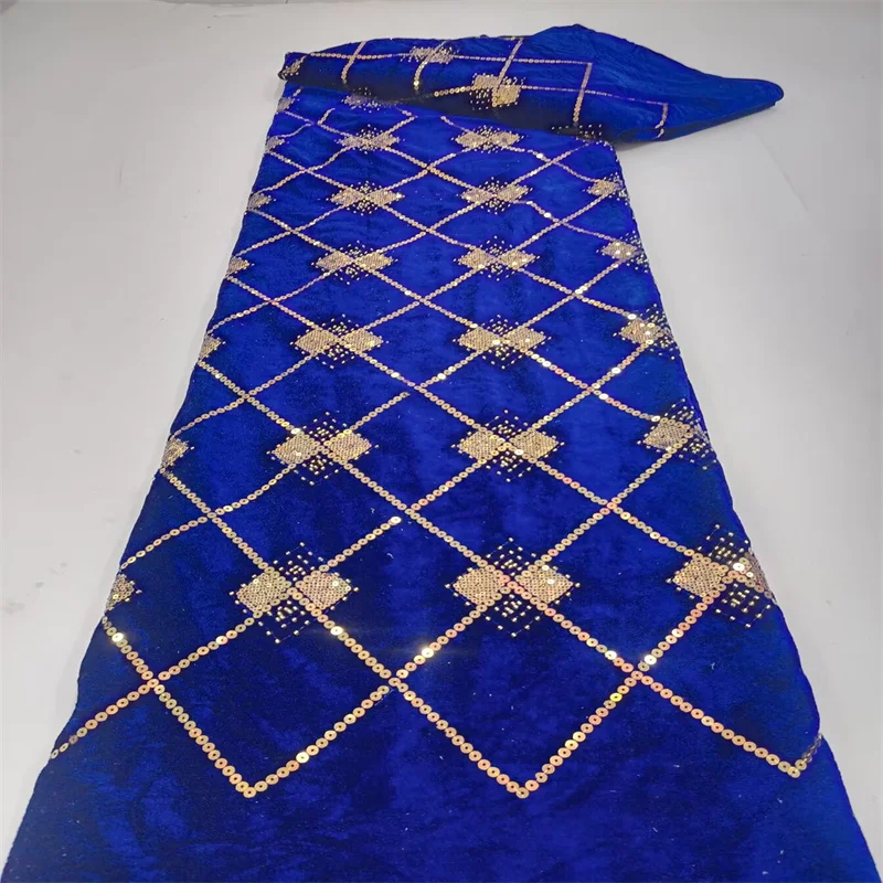 

2025 синяя высококачественная бархатная кружевная ткань с тяжелыми блестками 5 ярдов, нигерийская кружевная ткань, роскошное африканское свадебное платье для женщин, шитье