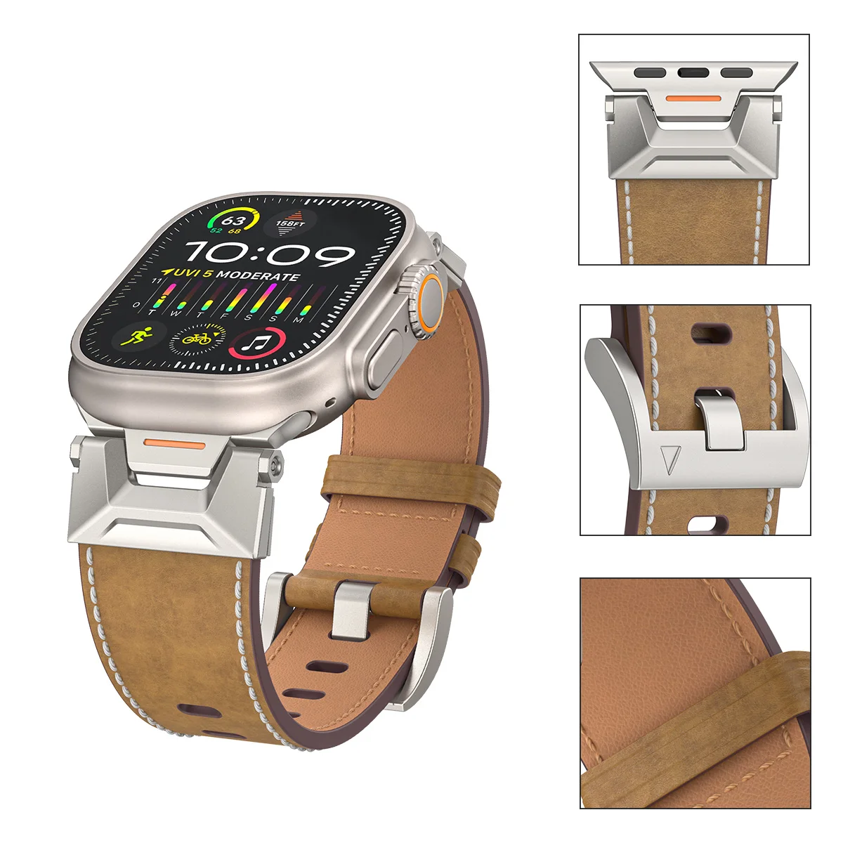 Titanium Color Connector+Leather Strap for Apple Watch Ultra 2 49mm 45mm 42mm 44mm Band for Iwatch Series 9 8 7 6 5 4 Se