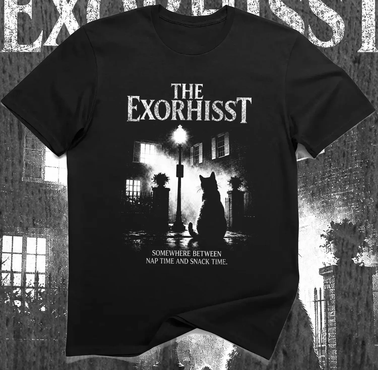 The Exorhissst Cat T-Shirt – Funny Horror Parody Black Cat Graphic Tee Four season popular unisex cotton T-shirt
