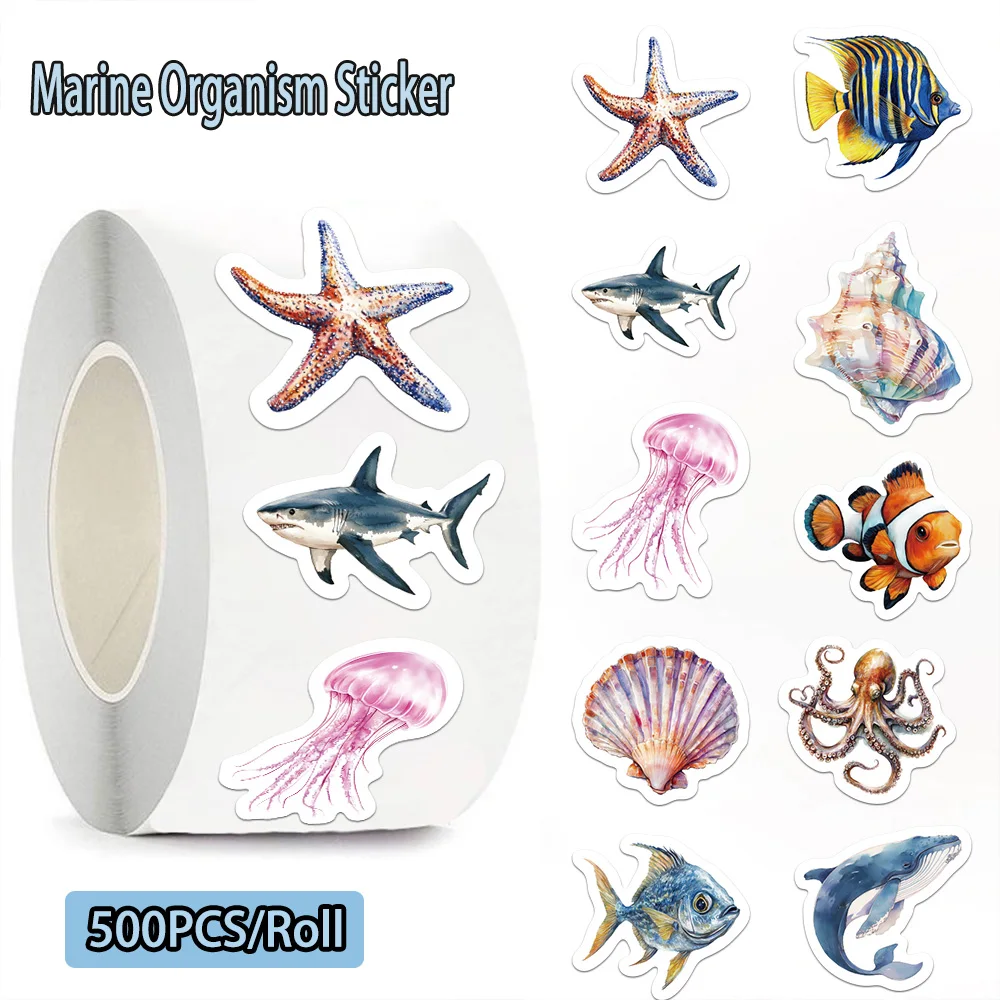 500PCS/Roll Fantasy Marine Life Roll Stickers Clown Fish Shark Blue Whale Octopus Conch Sea Star DIY Envelope Scrapbook Phone